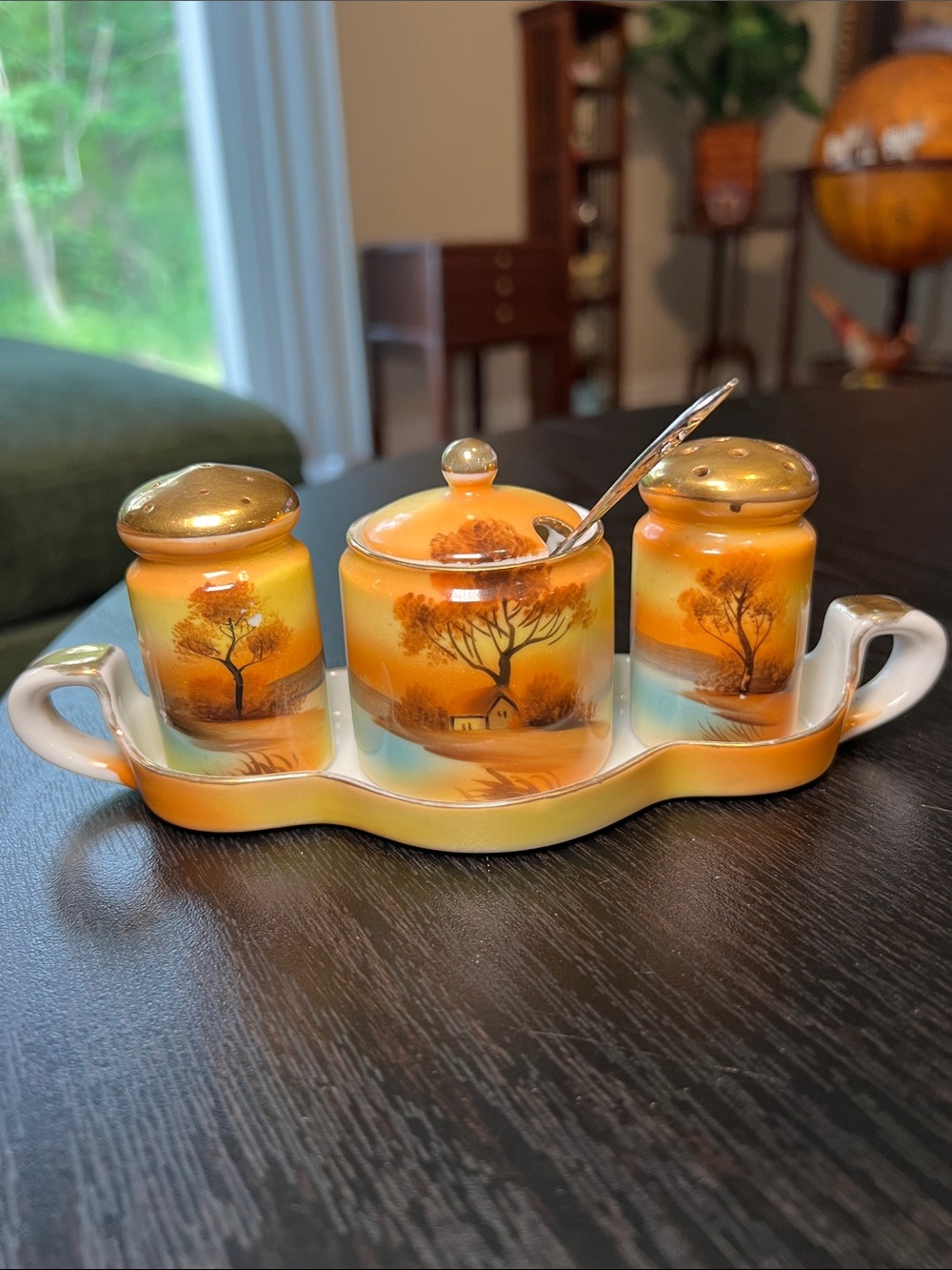 VTG Noritake Handpainted Porcelain Condiment Set Salt Pepper Shakers Jam Pot